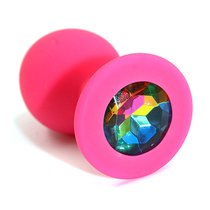 Розовая силиконовая анальная пробка с радужным кристаллом - 7 см, цвет розовый/разноцветный - Kanikule
