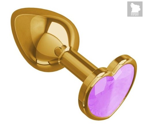 Золотистая анальная пробка с сиреневым кристаллом-сердцем - 7 см., цвет розовый - МиФ