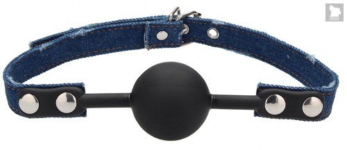 Черный кляп-шарик With Roughend Denim Straps с синими джинсовыми ремешками, цвет синий - Shots Media