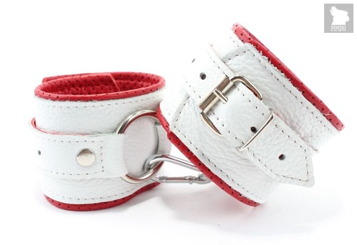 Бело-красные кожаные наручники с кольцом, цвет белый - БДСМ арсенал