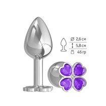 Анальная втулка малая Silver клевер с фиолетовым кристаллом, цвет серебряный - МиФ