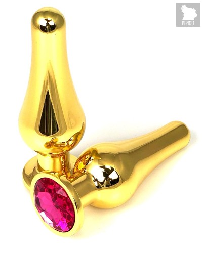 Золотистая удлиненная анальная пробка с розовым кристаллом - 9 см., цвет розовый - Vandersex