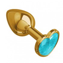 Золотистая анальная пробка с голубым кристаллом-сердцем - 7 см, цвет голубой/золотой - МиФ