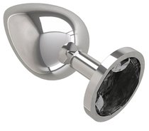 Серебристая большая анальная пробка с чёрным кристаллом - 9,5 см, цвет серебряный/черный - МиФ