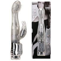 Вибратор с блёстками и клиторальным стимулятором WATERPROOF ROTATING G-SPOT RABBIT - 17,5 см., цвет серебряный/прозрачный - Seven Creations