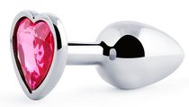 Серебристая анальная пробка с розовым кристаллом-сердечком - 7 см., цвет розовый - anal jewelry plug