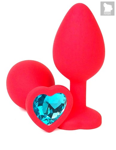 Красная силиконовая анальная пробка с голубым стразом-сердцем - 8,5 см., цвет голубой - Vandersex