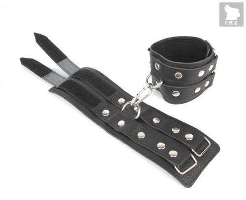 Черные широкие кожаные наручники с заклепками на карабине, цвет черный - Bioritm