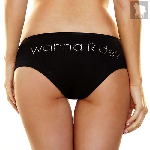 Трусики-слип с надписью стразами Wanna Ride, цвет черный, размер M-L - Hustler Lingerie