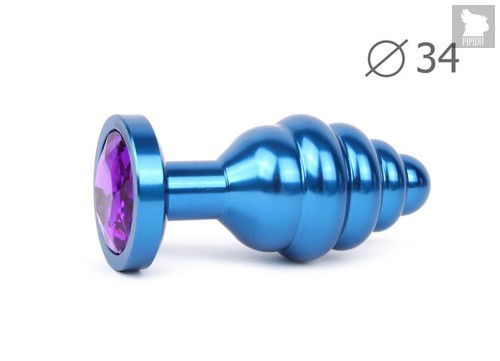Коническая ребристая синяя анальная втулка с кристаллом фиолетового цвета - 8 см., цвет фиолетовый - anal jewelry plug