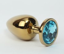 Золотистая металлическая анальная пробка с голубым стразом - 8,2 см