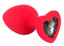 Красная силиконовая анальная пробка с черным стразом-сердечком - 9,3 см., цвет красный/черный - ORION