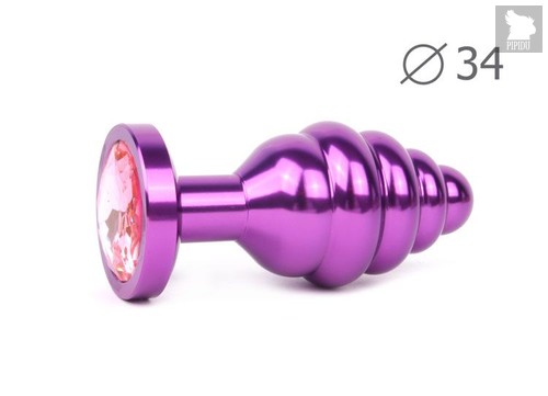 Коническая ребристая фиолетовая анальная втулка с розовым кристаллом - 8 см., цвет розовый - anal jewelry plug