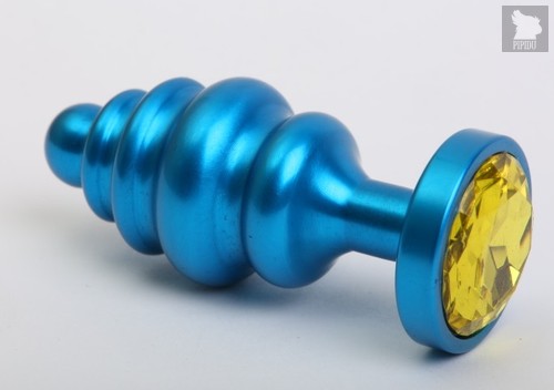 Синяя ребристая анальная пробка с жёлтым кристаллом - 7,3 см, цвет синий - 4sexdreaM