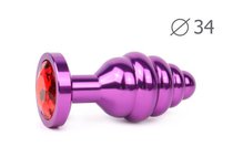 Коническая ребристая фиолетовая анальная втулка с красным кристаллом - 8 см., цвет красный - anal jewelry plug
