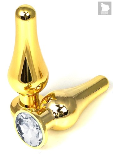 Золотистая удлиненная анальная пробка с прозрачным кристаллом - 9 см., цвет прозрачный - Vandersex
