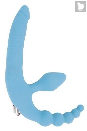 Голубой безремневой страпон с анальным отростком и вибрацией - 15 см., цвет голубой - Bioritm