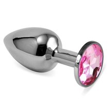 Серебристая анальная пробка с розовым кристаллом размера M - 8 см, цвет розовый - Vandersex
