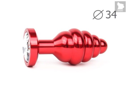 Коническая ребристая красная анальная втулка с прозрачным кристаллом - 8 см., цвет прозрачный - anal jewelry plug