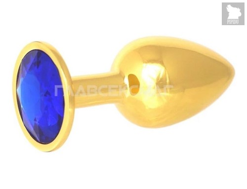 Золотистая анальная пробка с синим кристаллом - 7 см., цвет синий - Главсексмаг