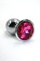 Серебристая алюминиевая анальная пробка с ярко-розовым кристаллом - 6 см, цвет серебряный/темно-розовый - Kanikule