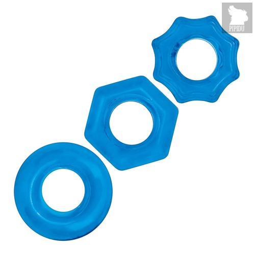 Комплект из трех голубых колец для эрекции 3-Pack Nuts & Bolts Stretch Cock Ring Set, цвет голубой - Blue Line