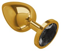 Золотистая большая анальная пробка с чёрным кристаллом - 9,5 см, цвет золотой/черный - МиФ
