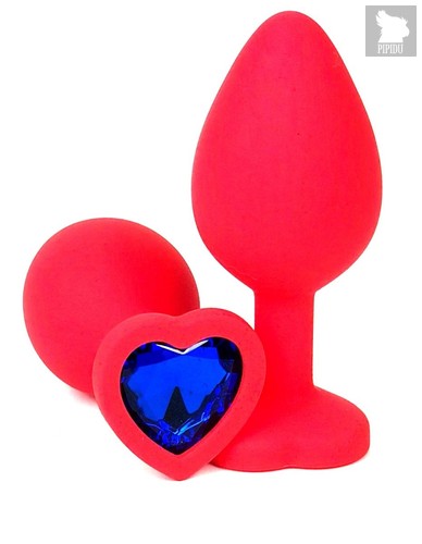 Красная силиконовая анальная пробка с синим стразом-сердцем - 8 см., цвет синий - Vandersex