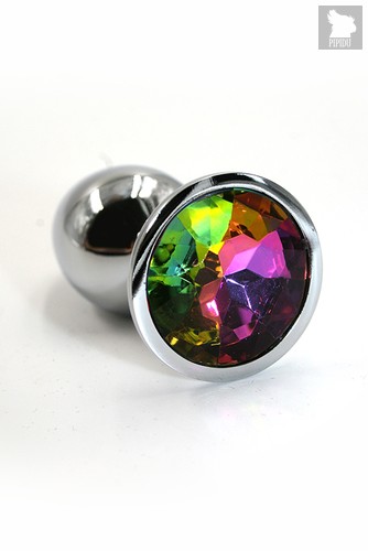 Серебристая алюминиевая анальная пробка с радужным кристаллом - 7 см, цвет серебряный/разноцветный - Kanikule