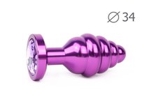 Коническая ребристая фиолетовая анальная втулка с сиреневым кристаллом - 8 см., цвет сиреневый - anal jewelry plug