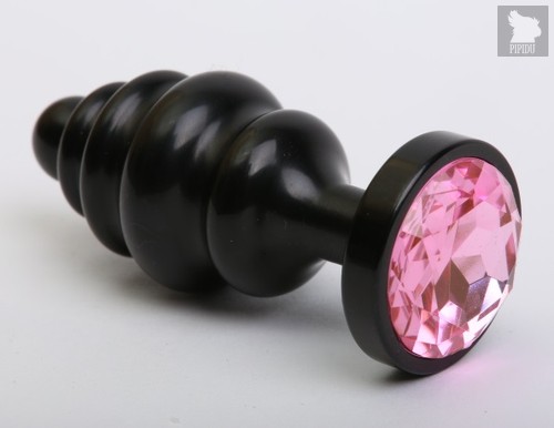 Чёрная ребристая анальная пробка с розовым кристаллом - 7,3 см, цвет черный - 4sexdreaM