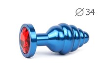 Коническая ребристая синяя анальная втулка с красным кристаллом - 8 см., цвет красный - anal jewelry plug