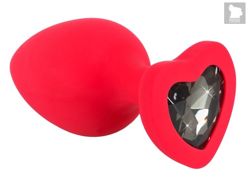 Красная силиконовая анальная пробка с черным стразом-сердечком - 7,9 см., цвет красный/черный - ORION
