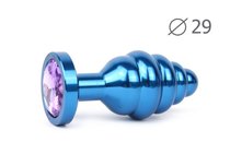 Коническая ребристая синяя анальная втулка с сиреневым кристаллом - 7,1 см., цвет сиреневый - anal jewelry plug