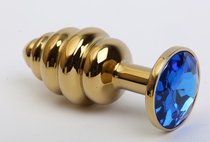 Анальная пробка фигурная золото с синим стразом 8х3,5см 47473-3MM