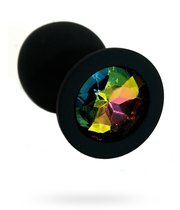 Чёрная силиконовая анальная пробка с радужным кристаллом - 7 см, цвет черный/разноцветный - Kanikule