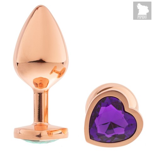 Золотистая анальная пробка OYO с фиолетовым кристаллом-сердцем - 7,3 см., цвет фиолетовый - Oyo