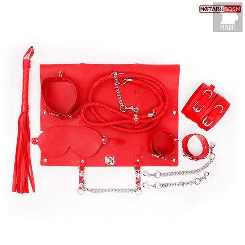 Красный набор БДСМ в сумке: маска, ошейник с поводком, наручники, оковы, плеть, цвет красный - Bioritm