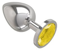 Серебристая большая анальная пробка с желтым кристаллом - 9,5 см, цвет желтый/серебряный - МиФ