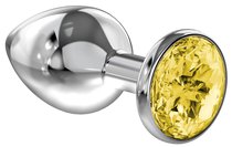 Большая серебристая анальная пробка Diamond Yellow Sparkle Large с жёлтым кристаллом - 8 см - Lola Toys