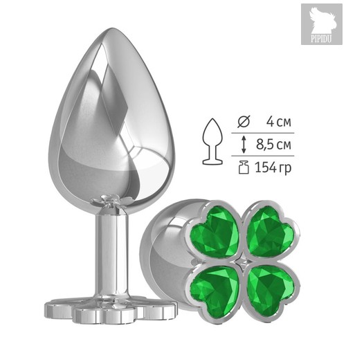 Большая анальная втулка Silver Клевер с зеленым кристаллом, цвет серебряный - МиФ