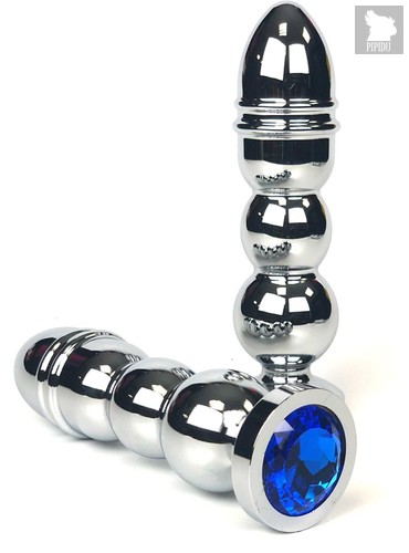 Серебристая анальная пробка-ёлочка с синим кристаллом - 14,5 см., цвет синий - Vandersex