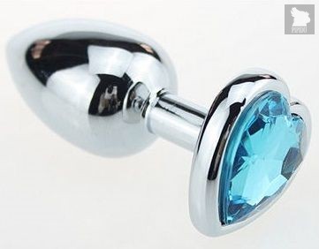 Серебристая анальная пробка с голубым кристаллом-сердцем - 7 см, цвет голубой - МиФ