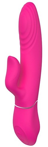 Ярко-розовый вибромассажер с клиторальным отростком DUO THRUSTER - 14 см., цвет розовый - Dream toys