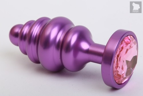 Фиолетовая ребристая анальная пробка с розовым кристаллом - 7,3 см, цвет фиолетовый - 4sexdreaM