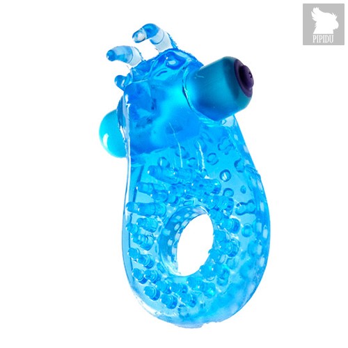 Голубое эрекционное кольцо с вибрацией и усиками для стимуляции клитора, цвет голубой - SEXTOY