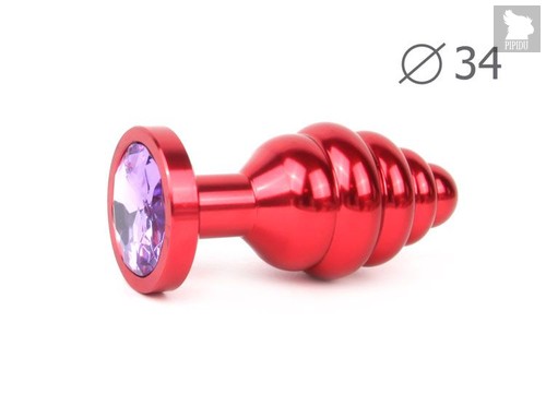 Коническая ребристая красная анальная втулка с сиреневым кристаллом - 8 см., цвет сиреневый - anal jewelry plug