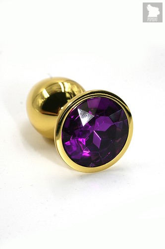 Золотистая алюминиевая анальная пробка с темно-фиолетовым кристаллом - 6 см, цвет золотой/темно-фиолетовый - Kanikule