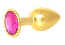 Золотистая анальная пробка с малиновым кристаллом - 7 см., цвет малиновый - Главсексмаг