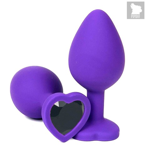 Фиолетовая силиконовая анальная пробка с черным стразом-сердцем - 8,5 см., цвет черный - Vandersex